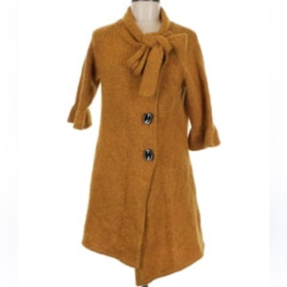 Tibi Wool Cardigan 3/4 Sleeve Mustard Yellow Wool Sweater Bow Detail Small